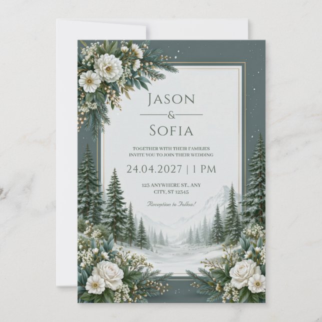 Snowy Pine Rose Wedding Invitation (Front)