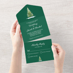 Snowy Pine Tree Dark Green Winter Wedding All In One Invitation