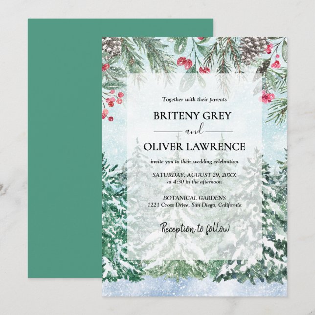 Snowy Pine Tree Forest Watercolor Themed Wedding Invitation (Front/Back)