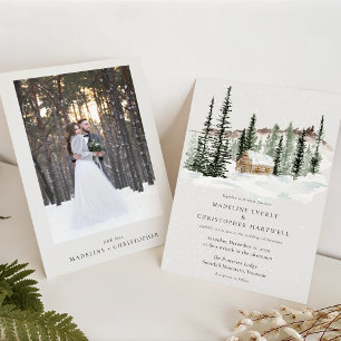 Snowy Pine Tree  Rustic Winter Wedding Invitation