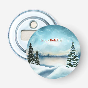 Snowy pine trees near a lake     bottle opener