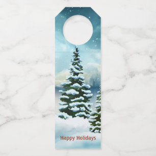 Snowy pine trees near a lake      bottle tag