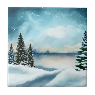 Snowy pine trees near a lake ceramic tile