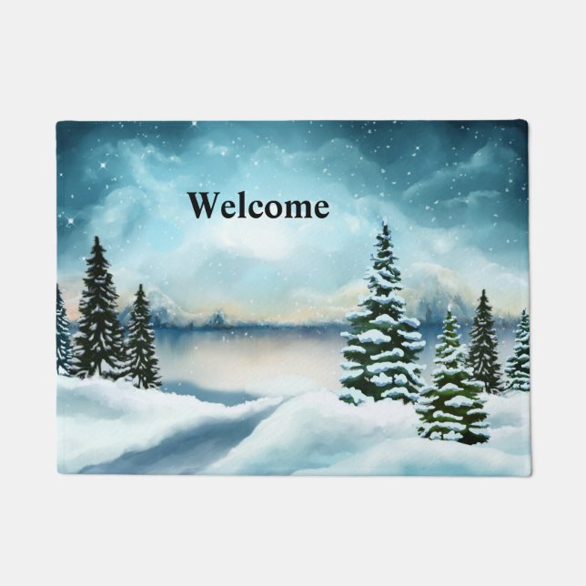 Snowy pine trees near a lake doormat (Front)