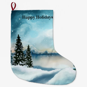 Snowy pine trees near a lake       large christmas stocking