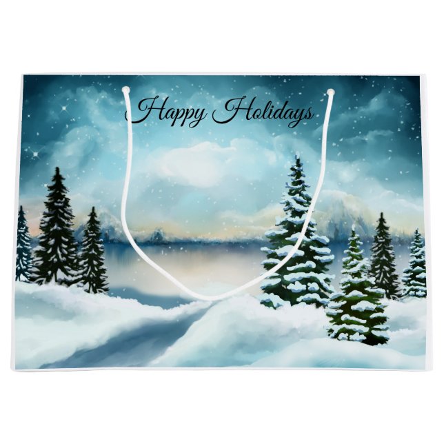 Snowy pine trees near a lake large gift bag (Front)