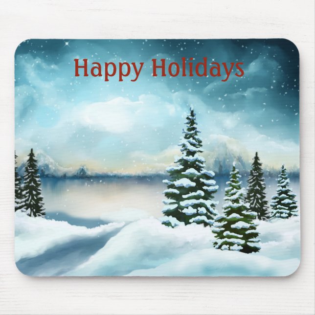 Snowy pine trees near a lake mouse pad (Front)
