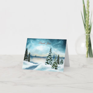 Snowy pine trees near a lake note card