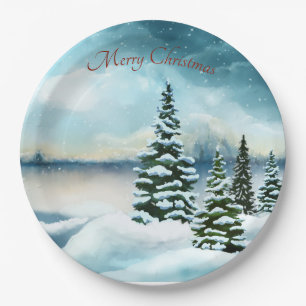 Snowy pine trees near a lake paper plate
