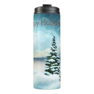 Snowy pine trees near a lake thermal tumbler