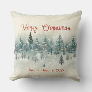 Snowy Pine Trees Vintage Christmas Cushion