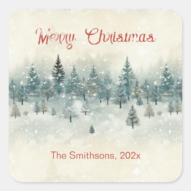 Snowy Pine Trees Vintage Christmas Square Sticker (Front)