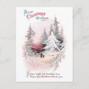Snowy Pines and Pink Sunset Vintage Christmas Holiday Postcard