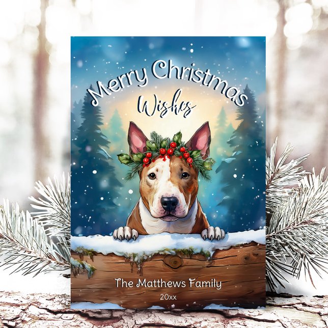 Snowy Pines Peeking Bull Terrier Merry Christmas Holiday Card (Adorable Winter Snowy Scene With Peeking Dogs or Farm/Woodland Animals - Over 50 to Choose From!)