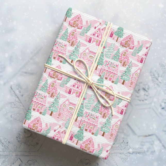Snowy Pink and Green Christmas Gingerbread Town Wrapping Paper (Creator Uploaded)