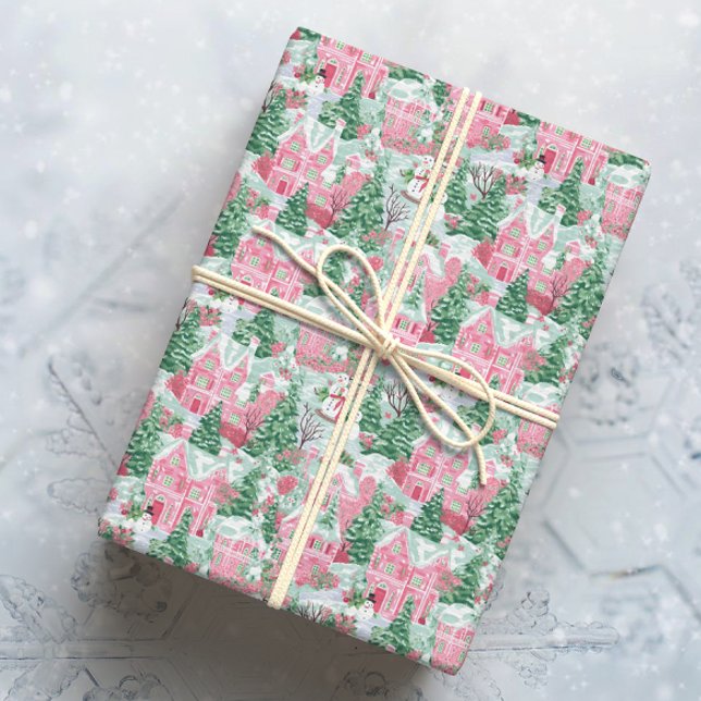 Snowy Pink and Green Christmas Town Wrapping Paper (Creator Uploaded)