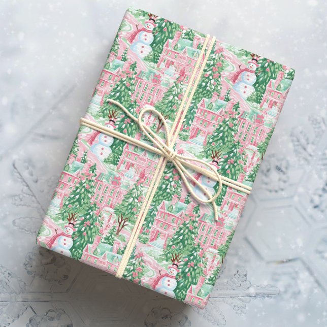 Snowy Pink and Green Christmas Town Wrapping Paper (Creator Uploaded)