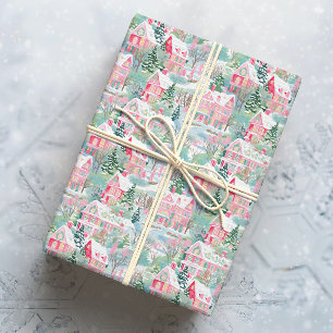 Snowy Pink Christmas Houses Wrapping Paper