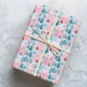 Snowy Pink Christmas Houses Wrapping Paper