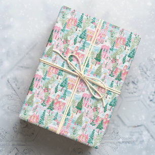 Snowy Pink Christmas Town Wrapping Paper