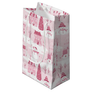 Snowy Pink Christmas Village Small Gift Bag