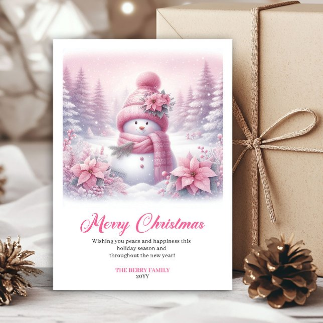 Snowy pink coquette snowman kids card digital art (Snowy pink coquette snowman kids card digital art)