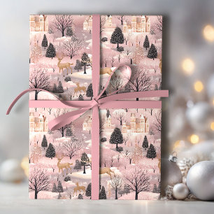 Snowy Pink Deer Forest Wrapping Paper
