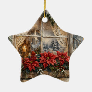 Snowy Poinsettia Christmas Window Ceramic Ornament