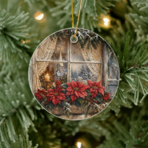 Snowy Poinsettia Christmas Window Ceramic Ornament