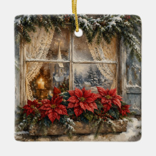 Snowy Poinsettia Christmas Window Ceramic Ornament