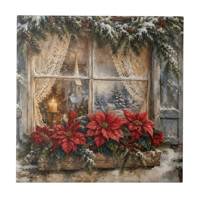 Snowy Poinsettia Christmas Window Ceramic Tile (Front)