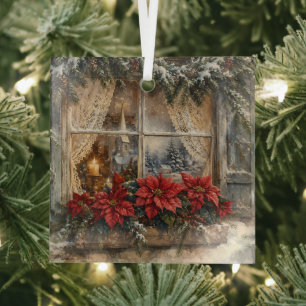 Snowy Poinsettia Christmas Window Glass Tree Decoration