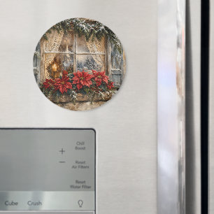 Snowy Poinsettia Christmas Window Magnet