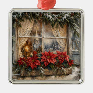 Snowy Poinsettia Christmas Window Metal Ornament