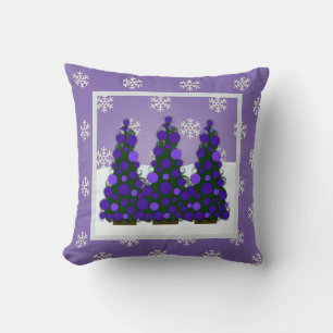 Snowy Purple Christmas Tree Throw Pillow