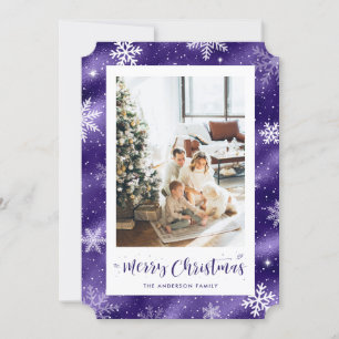 Snowy Purple Foil Photo Merry Christmas Holiday Card