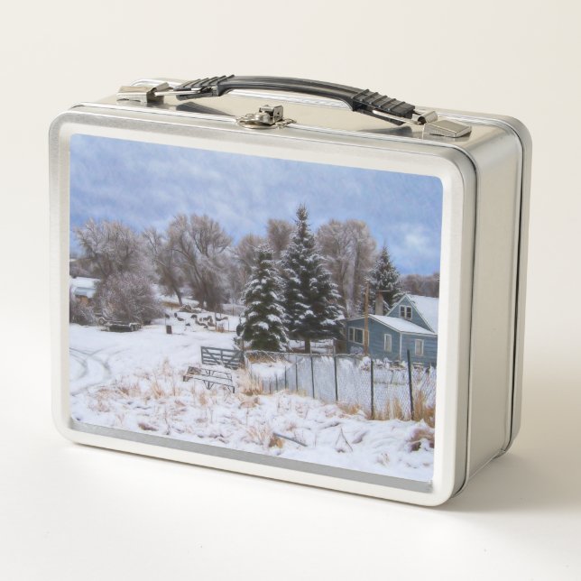 Snowy Ranch House Metal Lunch Box (Front)