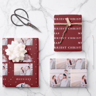 Snowy Red and White Merriest Christmas Photo Wrapping Paper Sheet