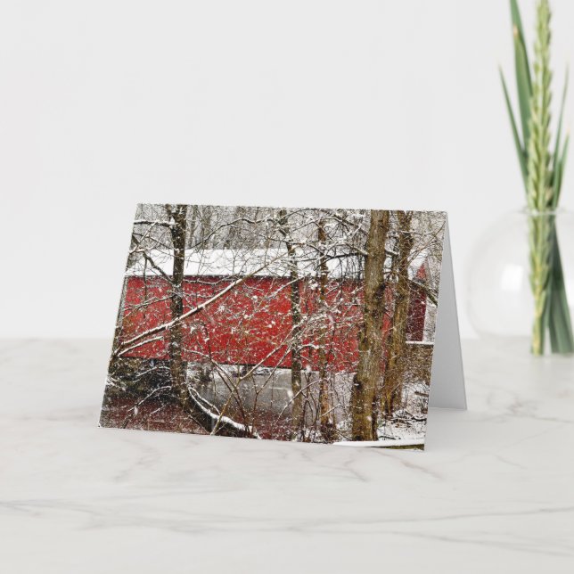 Snowy Red Ashland Covered Bridge in Delaware Thank You Card (Front)