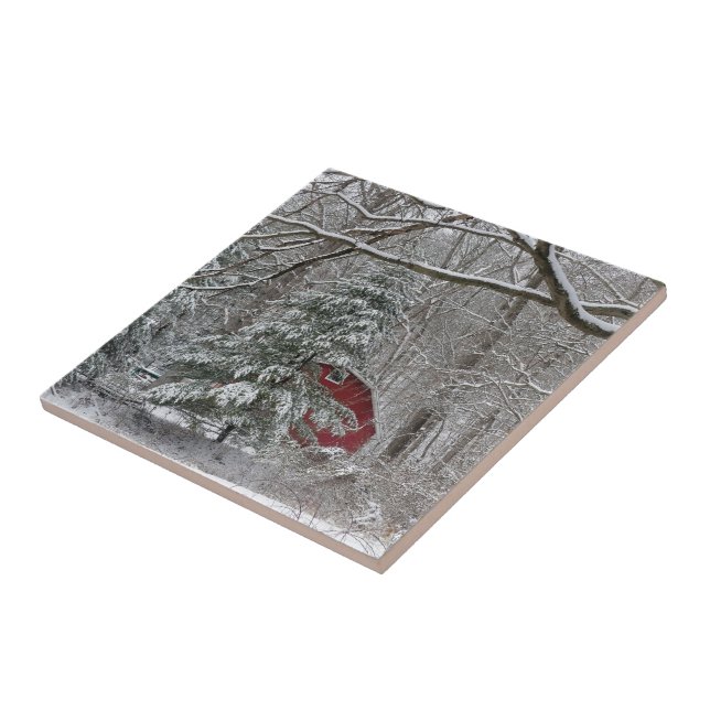 Snowy Red Barn Ceramic Tile (Side)