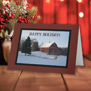 Snowy Red Barn Country Christmas  Holiday Card
