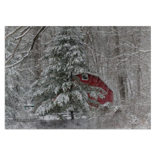 Snowy Red Barn Cutting Board