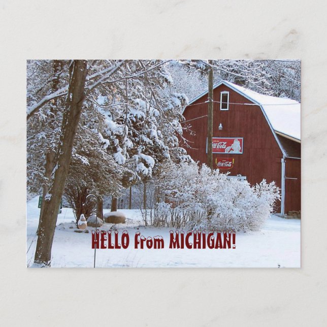 SNOWY RED BARN, HELLO from MICHIGAN! Postcard (Front)