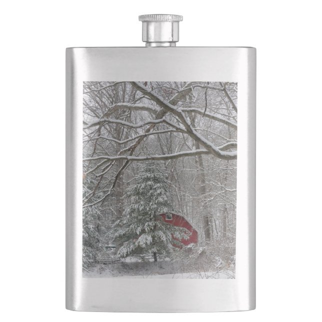 Snowy Red Barn Hip Flask (Front)