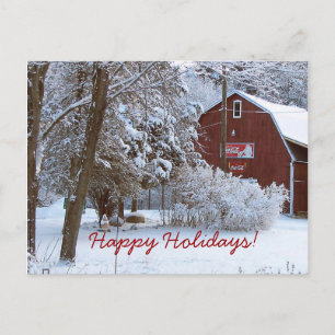 Snowy Red Barn Holiday Post Card