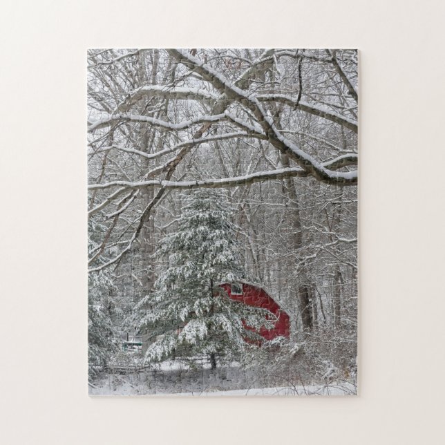 Snowy Red Barn Jigsaw Puzzle (Vertical)