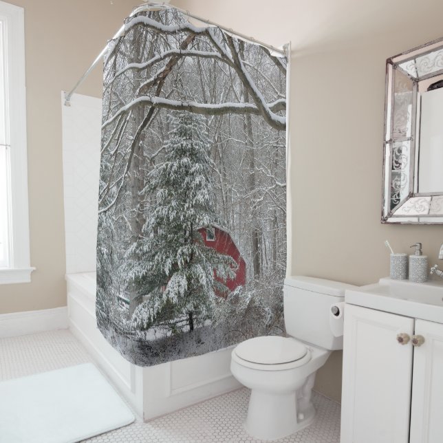 Snowy Red Barn Shower Curtain (In Situ)
