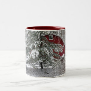 Snowy Red Barn Two-Tone Coffee Mug