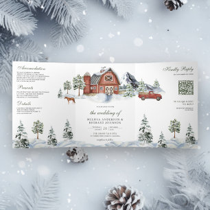 Snowy Red Barn Winter Christmas QR Code Wedding Tri-Fold Invitation