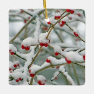 Snowy Red Berries Winter Scene Ceramic Tree Decoration
